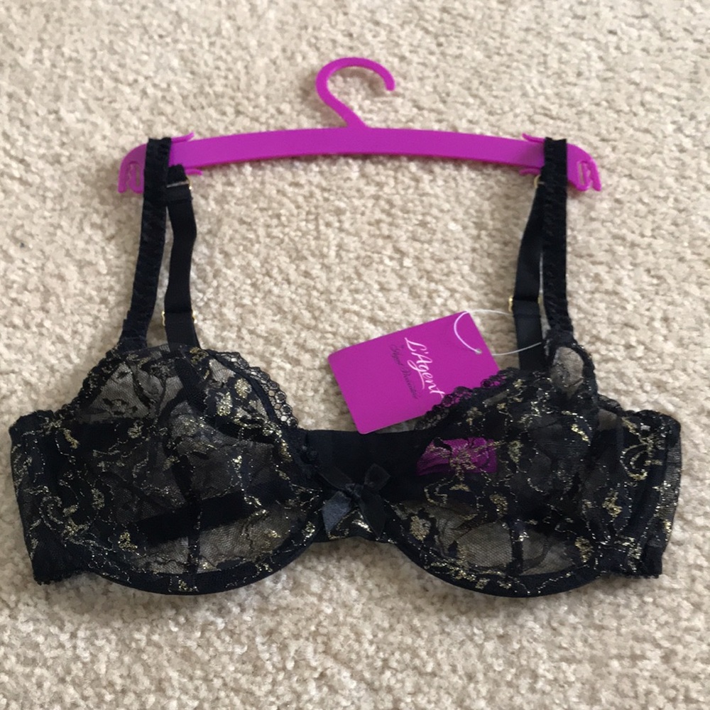 New!  L’Agent Provocateur Gold & Black Floral Laced Mesh Bra. Size: 32DD NWT